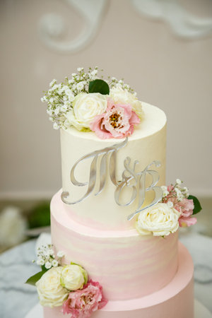 Beautiful tiered delicious dessert sweet cake for the holidayの写真素材