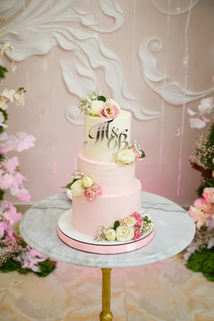 Beautiful tiered delicious dessert sweet cake for the holidayの写真素材