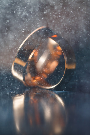 Wedding rings with water droplets,The engagement ring set.,Beautiful silver background with wedding rings and starsの写真素材