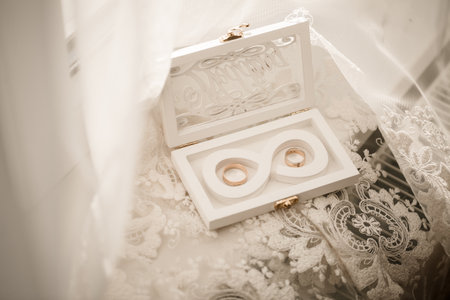 Gold wedding rings for newlyweds on their wedding day. Jewelry for the holiday of a couple in loveの写真素材