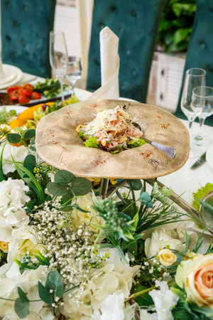 Wedding table decor for newlyweds decorations with fresh flowersの写真素材