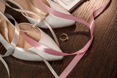 Wedding shoes for the bride. White high-heeled shoes near wedding rings, wedding jewelry. Marriage conceptの写真素材