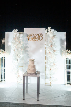 Beautiful tiered delicious dessert sweet cake for newlyweds.の写真素材