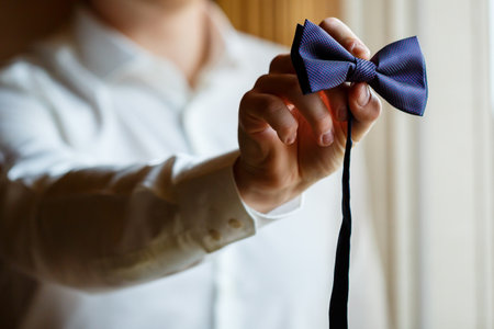 Man puts on a wedding suit and accessories on the wedding day.の写真素材