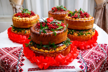 Wedding bread loaf decorated with a rushnykの写真素材
