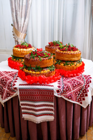 Wedding bread loaf decorated with a rushnykの写真素材