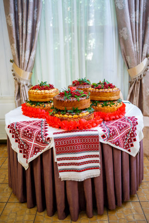 Wedding bread loaf decorated with a rushnykの写真素材