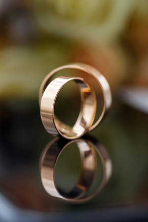 Wedding rings with yellow gold, set of wedding rings.の写真素材