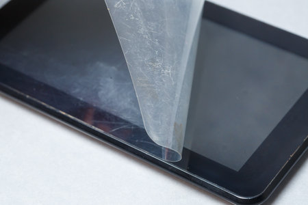 Black scratched tablet with a protective film on a gray background. Protect your device screenの写真素材