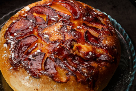 sweet freshly baked apple biscuit cake with sugarの写真素材