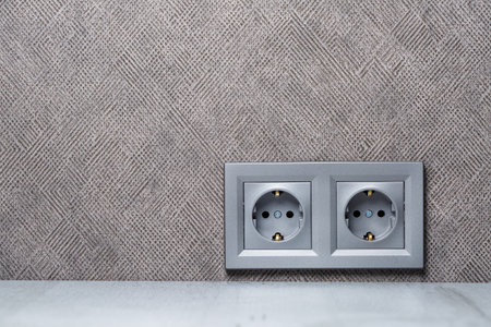 Socket gray with ground with an input for two devices. She is on the gray wall above the counting table. Electricity and repair conceptの写真素材