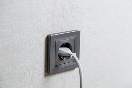 A gray outlet on the wall which includes a device with a white cord. Charging from a power outletの写真素材