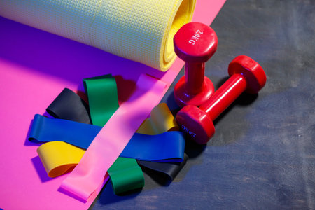Red dumbbells, fitness mat and elastic bands for sports on a pink background. Healthy lifestyle. Fitness equipment for weight training. Muscle development and fitness trainingの写真素材