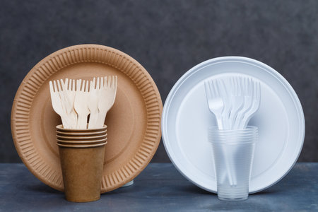Eco-friendly disposable tableware made of bamboo wood and paper on a gray background. Plastic dishes and cutlery. Caring for the environment. Recycling problem. safe planet, environmental concept.の写真素材