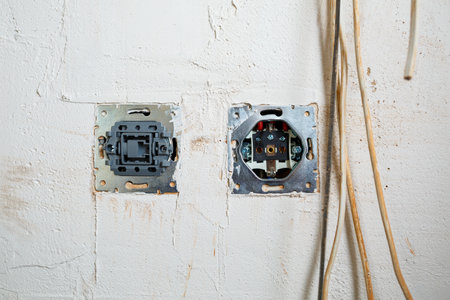 Sockets when mounted without a cover. During repair. open the wires. European nest without cover isolated on a white background. Professional installation of electrical outletsの写真素材