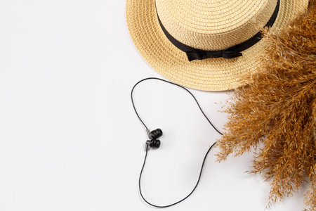 Female accessories headphones, hat, lifestyle, woman, rest, with dry grass, decor, flat lay, color style in the background. Travel, tourism concept. Beach accessories top view.の写真素材