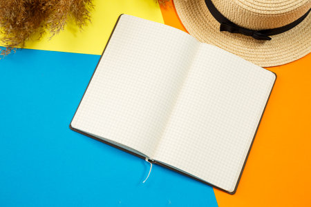 Women accessories notebook, hat, lifestyle, woman, relax, with dry grass, decor, flat lay, color...