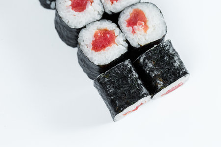 Japanese food. Rolls with red fish, fresh rice with eel, wrapped in nori.の写真素材