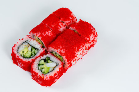 Japanese traditional food. Sushi rolls philadelphia with fresh avocado caviar and cream cheeseの写真素材