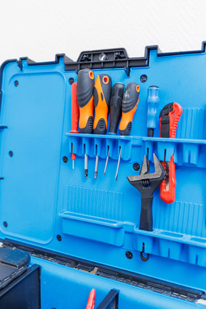 A large box of repair tools. Tools for the repairman