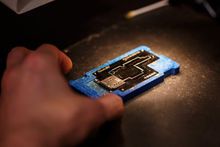 A foreman repairs an electrical appliance in his repair office.