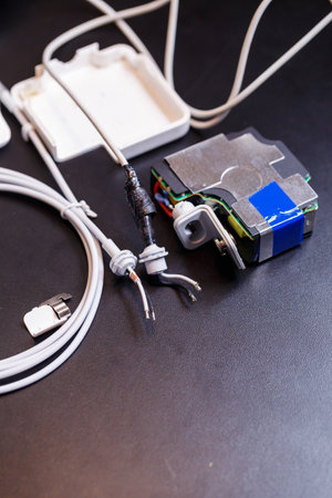 Repair white USB charger for gadgets and mobile phones. Charging from the mains for phone and laptop