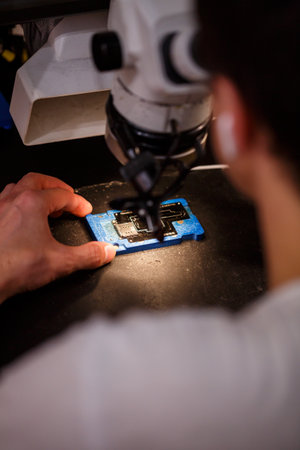 A foreman repairs an electrical appliance in his repair office.