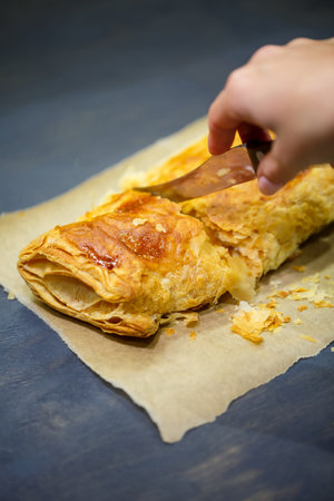 delicious homemade cakes with apple filling. Puff pastry pieの写真素材