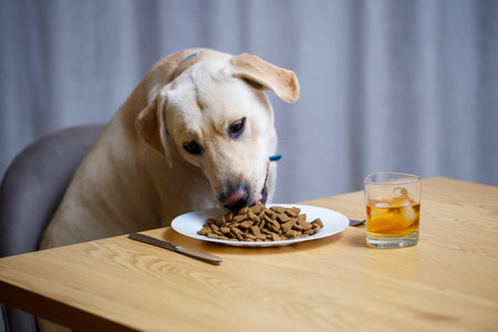 Yellow Labrador Retriever dog posing sitting at a table with goodies. Dog food in a white plateの写真素材