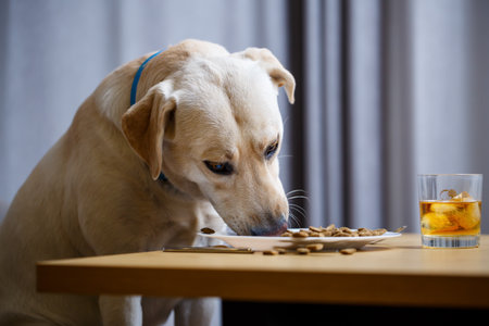 Cute dog eats food from a plate. Labrador is sitting on a chair at the table and eating dog foodの写真素材