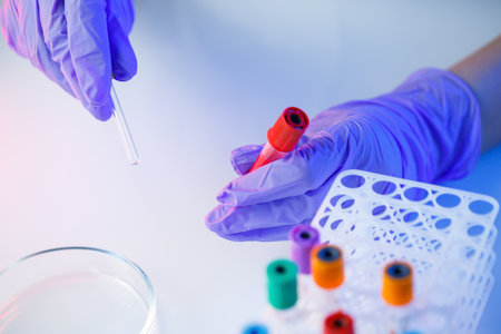 A medical professional, laboratory assistant, doctor performs an analysis in a laboratory, uses test...