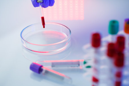 A medical professional, laboratory assistant, doctor performs an analysis in a laboratory, uses test tubes, a pipette and a petri dish for the presence of bacteria in the human bodyの写真素材