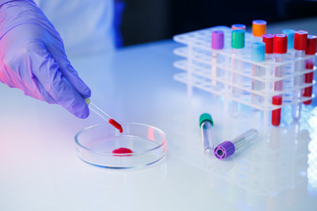 A medical professional, laboratory assistant, doctor performs an analysis in a laboratory, uses test tubes, a pipette and a petri dish for the presence of bacteria in the human body. Selective focusの写真素材