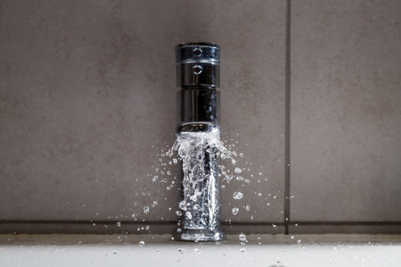 Broken water faucet in the bathroom sink. Water splashes from the silver faucet. Selective focusの写真素材