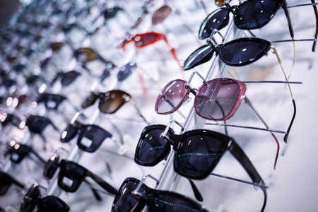 A row of glasses to protect from the sun. Store points. Stand with sunglasses in the optics store. Female hand shows glasses. Presentation of points. Close-upの写真素材