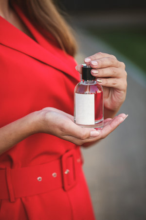 Perfume bottle of a female hand. Young stylish woman holding a bottle of perfume. Fashionable...