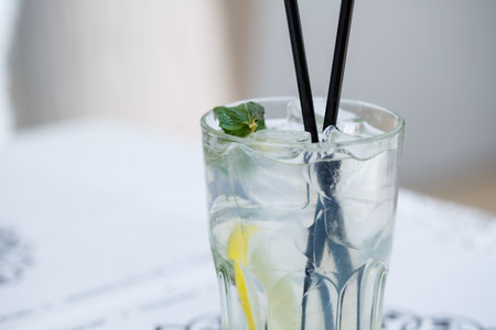 Refreshing light delicious summer cocktail with ice and lemon in a glass goblet, soft drink lemonade with straws for girlsの写真素材
