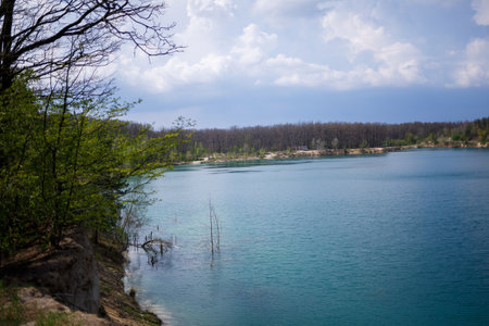 Happy and young girl and guy holding hands and laughing, on the background of a lake and a green meadow. A couple is standing in a meadow. Joyful summer dayの写真素材