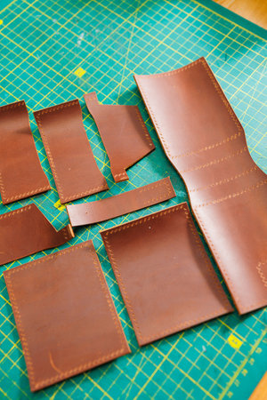 Pieces of natural leather, handmade leather products.