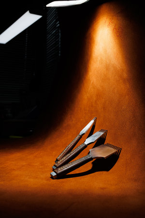 Tools for making leather goods and pieces of brown leather. Production of leather products. View from aboveの写真素材