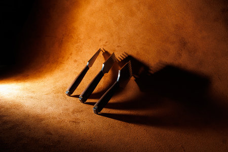 Tools for making leather goods and pieces of brown leather. Production of leather products. View from aboveの写真素材