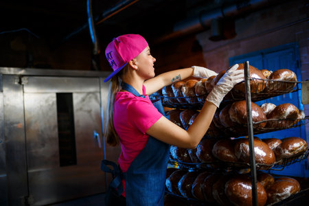 A young girl works in a bakery. She puts bread on a shelf. Woman baker at workplace in a bakery. A professional baker holds bread in his hands. Bread production conceptの写真素材