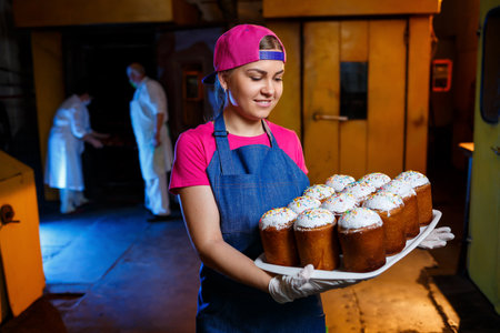 Girl baker holds a tray with hot pastries in the bakery. She is wearing a denim frock and a cap. Production of bakery products. Rack with fresh crispy pastries.の写真素材