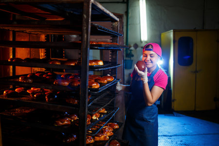 Girl baker holds fresh pies in the hands of the bakery. She is wearing a denim frock and a cap. Production of bakery products. Rack with hot crispy pastries.の写真素材