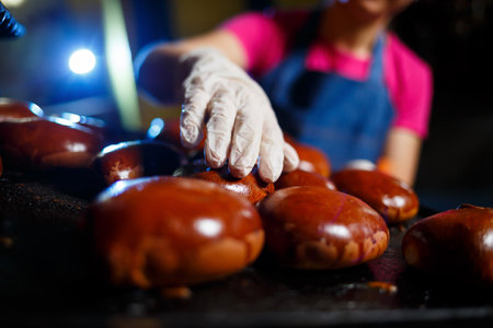 Girl baker holds a tray with hot pastries in the bakery. She is wearing a denim frock and a cap. Production of bakery products. Rack with fresh crispy pastries.の写真素材