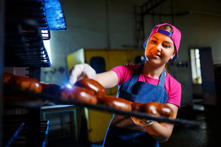 A young girl baker holds a tray with hot pastries on the background of an industrial oven in a bakery. Production of bakery products.の写真素材