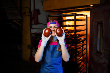 A professional baker woman holds fresh buns in her hands and hears their smell in the bakery. She is...