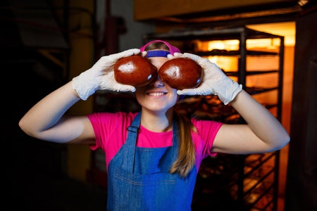 A professional baker woman holds fresh buns in her hands and hears their smell in the bakery. She is wearing a denim frock and a cap. Production of bakery products. Rack with hot crispy pastries.の写真素材