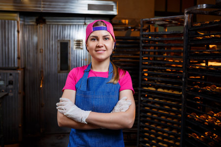 A professional baker girl is standing near shelving with trays of fresh biscuits. Sweet pastries in...