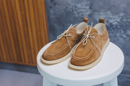 Leather suede brown women's shoes close-up. New collection of women's summer leather shoes.の写真素材